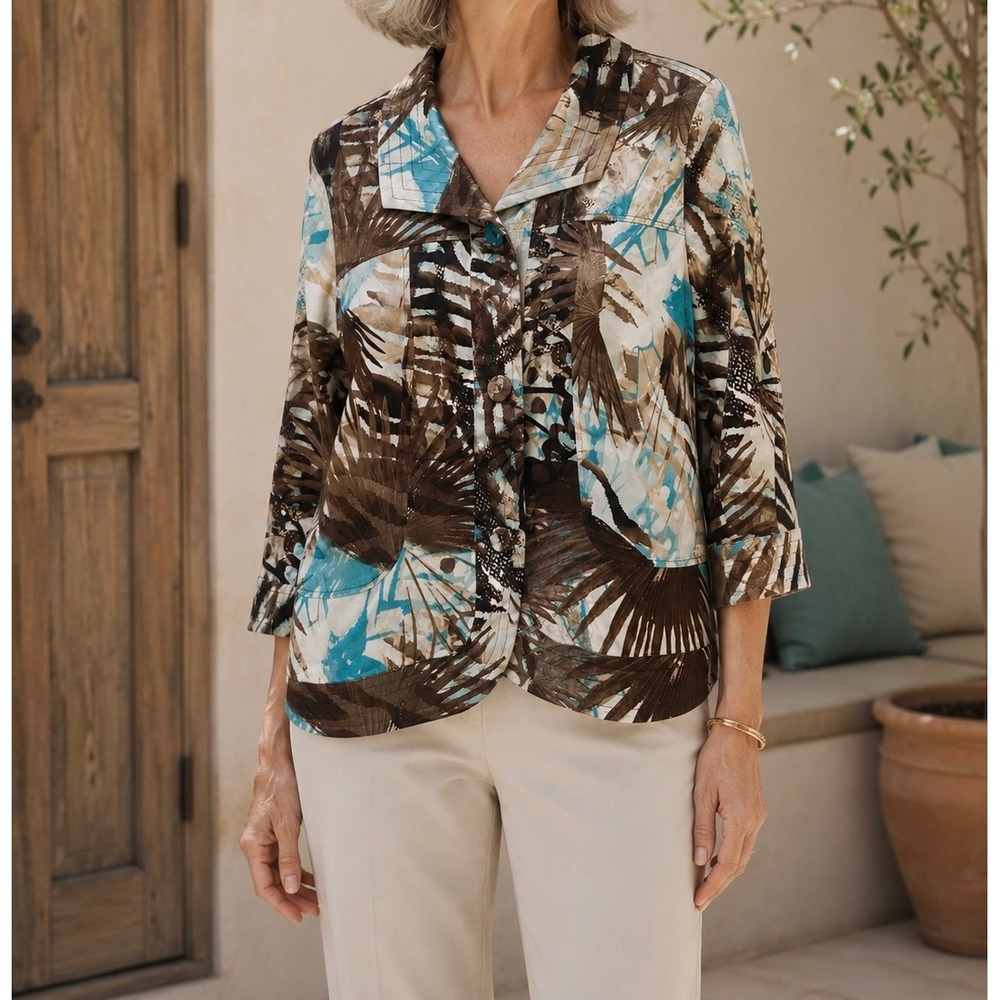 Chico's Brown Teal Abstract Palm Butterfly Print Button Front Jacket Size 3 L XL